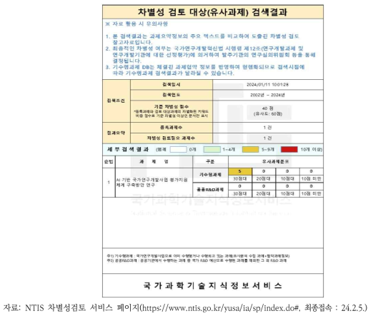 차별성 검토 대상 검색결과증 예시