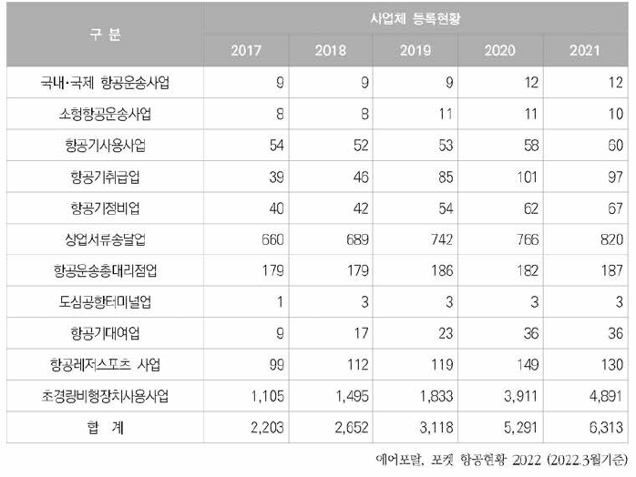 항공사업법에 따른 항공사업체 현황