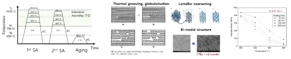2단 이상 열처리 공정 설계 (좌), 2단 Subcritical annealing를 통한 분절화 및 구상화 과정 (중앙), Aging 온도 및 시간에 따른 잔류응력 추이 (우)