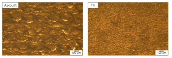 적층물 미세조직 : (좌) as-built 상태, (우) T4 열처리 상태