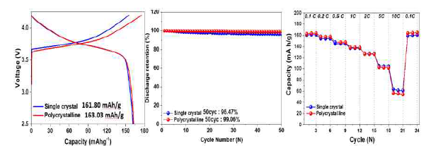 NCM622 다결정, 단결정 양극 적용 리튬 이차전지 전기화학 특성 비교