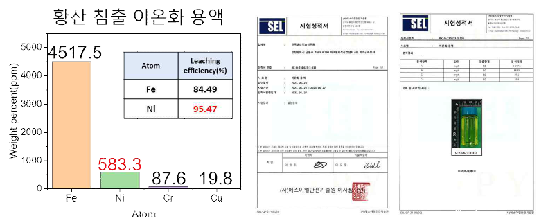 황산 침출 이온화 용액의 ICP-OES 분석결과 (좌) 및 시험성적서 (우)