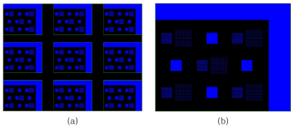 Lab scale 도금조 적용을 위한 PCB pattern 설계 도면; (a)전체 panel, (b) 부분 확대