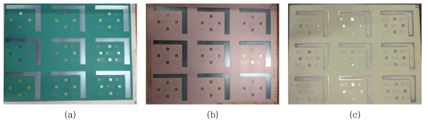 PCB panel의 공정별 상태; (a) 전해 Ni/Au 도금, (b) PSR 박리, (c) 알칼리 에칭