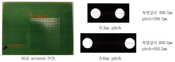 공인인증기관 의뢰 BGA 배열 PCB의 pitch 측정결과 및 표면사진