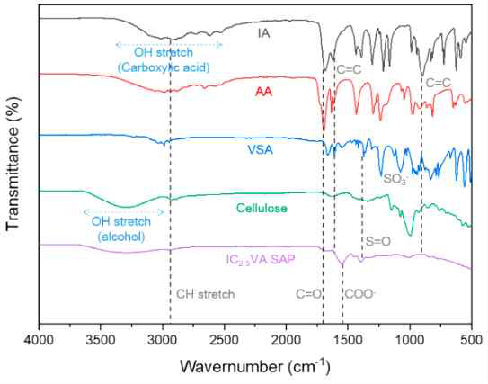 단량체(IA, cellulose, VSA, AA) 및 SAP의 FT-IR 스펙트럼