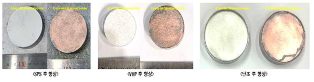 금속-다이아몬드의 성형 공정별 제조된 방열 소재의 형상