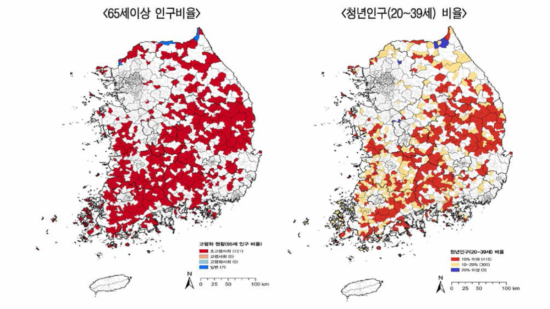 인구 3천명 미만 읍· 면 고령화 및 청년인구 분포