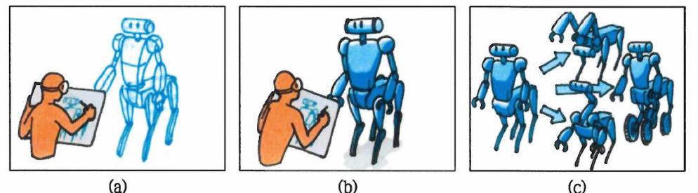 기존 2D 스케칭이나 3D CAD 모델링으로는 불가능한 속도로 다양한 관절과 가동하는 부위로 이뤄진 자율행동체의 3D 형상/구조를 (a) 곡선, 혹은 (b) 곡면/부피로 표현하고, (c) 이와 같은 3D 스케칭 기술올 AI 생성 기술과 접목하여 수많은 대안을 쉽게 만들고 원하는 방향으로 이끎으로써 디자인 탐색의 퀄리티와 속도를 획기적으로 높이는 초고속 스케칭 기술을 개발한다