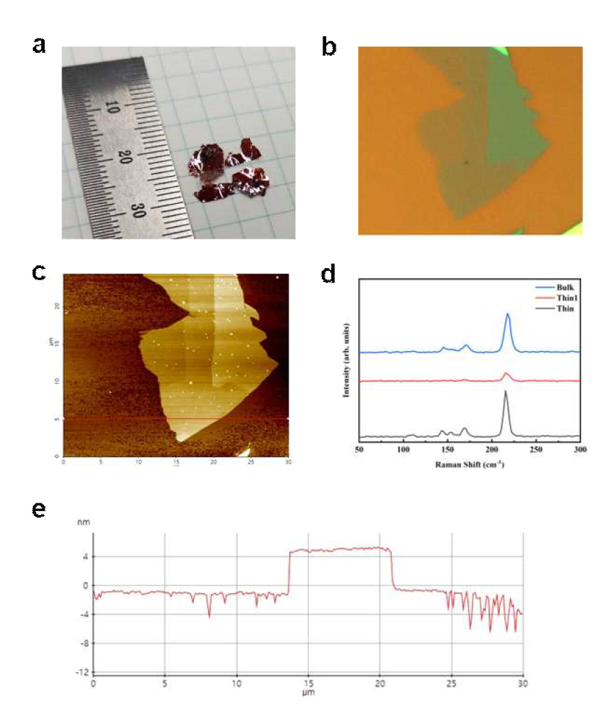 a. 2차원 층상구조 반강자성 물질 중 하나인 MnPSe3의 단결정 합성. b. 박리된 2차원 반강자성 물질의 광학 현미경 이미지. 10um 이상의 사이즈를 가지고 있음을 확인할 수 있다. c. 박리된 2차원 반강자성 물질의 AFM 토포그래피 이미지. d. 라만 신호로 확인한 박리 샘플의 특성. e. AFM을 이용한 박리 샘플의 두께 측정 5nm 내외의 두깨를 가지는 샘플이 제작된 것을 알 수 있다