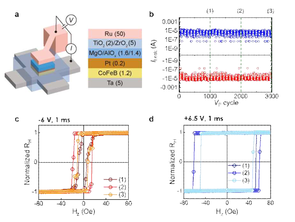a. TiO2/ZrO2 산화물 층을 사용하는 전계 인가 게이트 구조의 개략도. b. 6 MV/cm 전계를 가지는 1 ms 길이의 펄스의 반복된 인가 과정 중 누출 전류의 측정. 3000회의 반복된 전계 펄스 인가에도 누수 전류의 큰 변화가 관측되지 않음. (1) 1000회, (2) 2000 회, (3) 3000 회의 반복된 전계 펄스가 인가 되었을 때, c. -6 V 전계 펄스가 가해진 후의 자기장에 따른 홀 저항의 변화. d. +6.5 V 전계 펄스가 가해진 후의 자기장에 따른 홀 저항의 변화