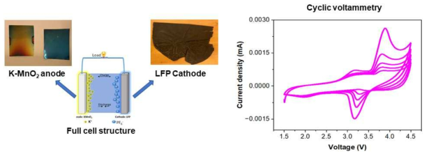 합성된 K-MnO2의 완전셀 테스트 구조와 순환전압전류법 측정 결과