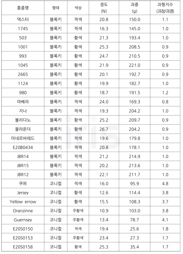 파프리카 형태별 및 색상별 계통 및 품종 과특성(경도, 과중 등) 조사(2022)