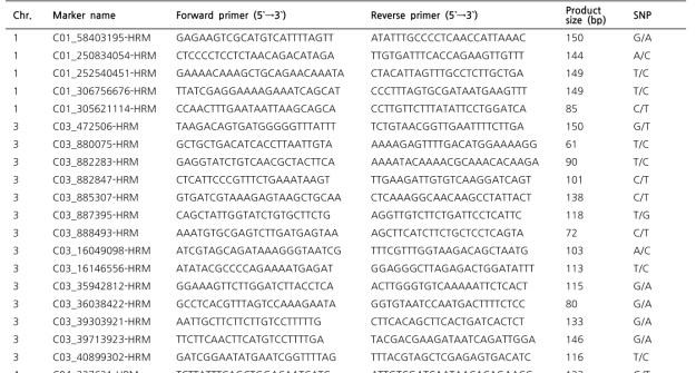 List of primer sets used for HRM markers.