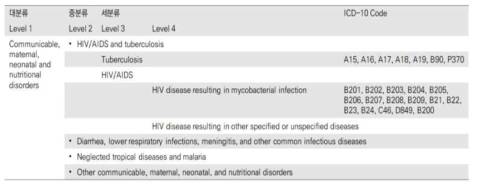 한국형 질병부담 질병분류체계 예시