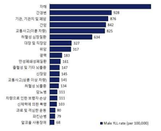 2018년 세분류 질환군별 조기 사망으로 인한 질병부담 남성 순위 결과