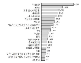 2010년 세분류 질환군별 상병으로 인한 질병부담 순위 결과