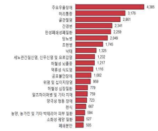 2018년 세분류 질환군별 상병으로 인한 질병부담 여성 순위 결과