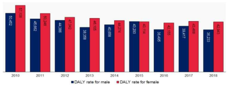 연도별 DALY 남녀 비교 결과 (2010-2018년)