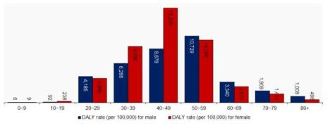 연령별 DALY 경향 남녀 비교 결과 (2018년)