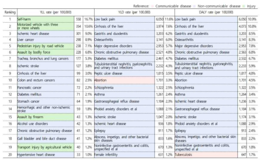 북한이탈주민의 2010년 세분류 질환군별 질병부담 순위 결과