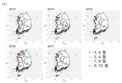 미 8군 참진드기 채집지점 지도. (A) 미 8군 자료 1