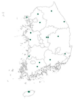 질병청으로부터 제공받은 참진드기 채집 지점 (B) 기후변화 거점센터 16개 채집지점 지도