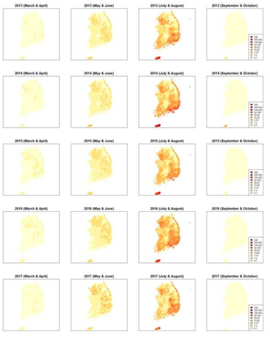 미 8군 자료를 활용한 Random Forest 알고리즘 적용 결과: 작은소피참진드기의 성장단계별 시공간 예측 지도 (C) 성충