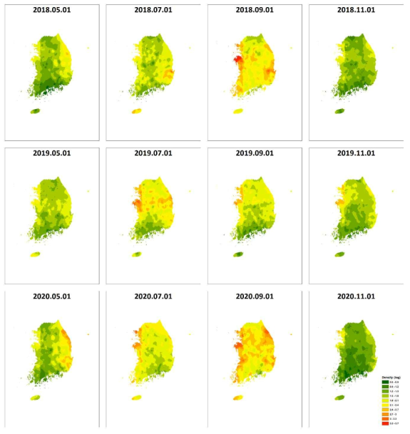 작은소피참진드기 성장단계별 시공간 예측지도 (GB 알고리즘으로 얻은 예측치): (C) 성충