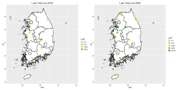 질병관리청 제공 기후변화 거점센터 자료: 채집지점별/년도별 털진드기 수: (A) 대잎털진드기(L.pallidum)