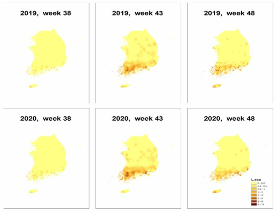 질병관리청 제공 기후변화 거점센터 자료: 2019, 2020년의 38, 43, 48번째 주(9월 16일, 10월 21일, 11월 25일)의 예측치를 기반 (B) 활순털진드기 전국지도