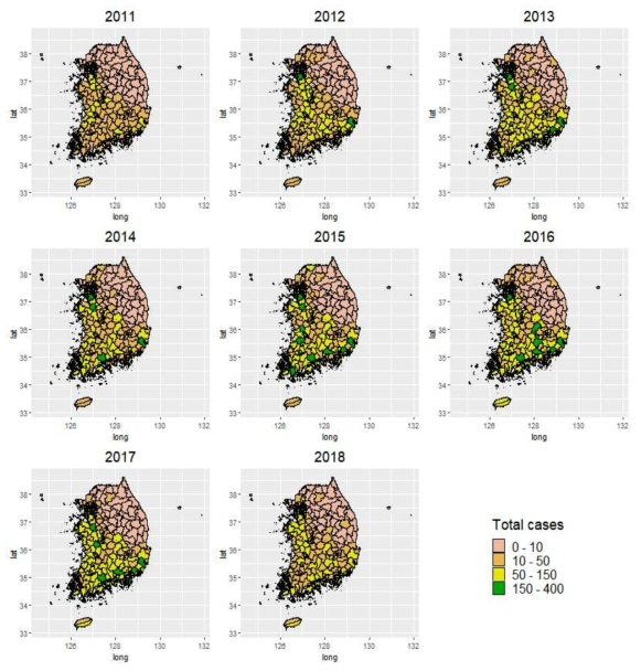 2011년부터 2018년까지 년도별 쯔쯔가무시 발병자수의 공간적 분포 (시군구)