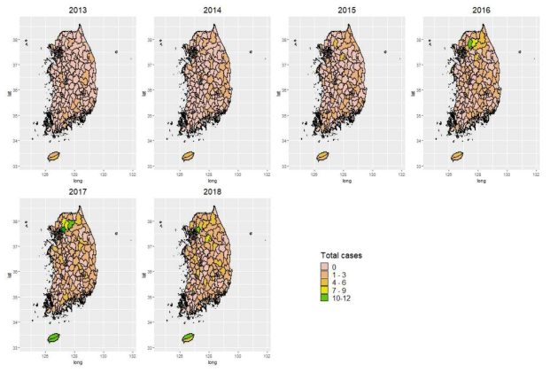 대한민국 251개 시/군/구 2013년부터 2018년까지 년도별 중증열성혈소판증후군 발병자 수의 공간적 분포