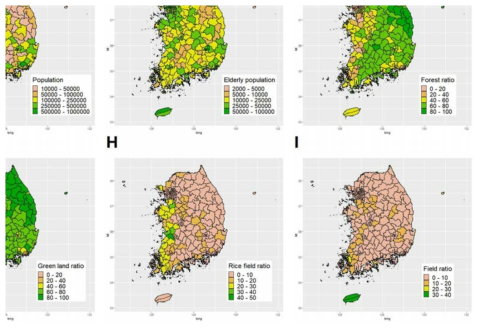 시/군/구 수준 설명변수의 공간적 분포 (A) 월별 온도, (B) 월별 습도, (C) 월별 강수량, (D) 총인구수, (E) 노인 인구수, (F) 숲 비율, (G) 초지 비율, (H) 논 비율, (I) 밭 비율