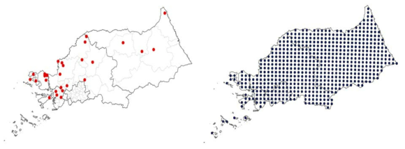 접경지역 중국얼룩날개모기 예측 모형 개발을 위해 사용된 유문등 지점(훈련 데이터셋) 및 동네예보 격자점(예측 데이터셋) 분포