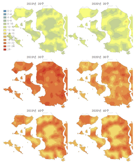 유문등 자료 기반 빨간집모기 밀도 예측 지도 (2019-2020년)