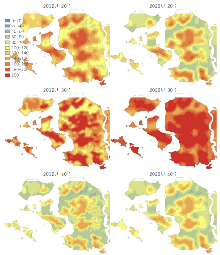 유문등 자료 기반 금빛숲모기 밀도 예측 지도 (2019-2020년)