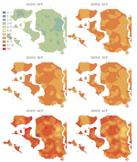 유문등 자료 기반 한국숲모기 밀도 예측 지도 (2019-2020년)