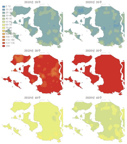 유문등 자료 기반 얼룩날개모기류 밀도 예측 지도 (2019-2020년)