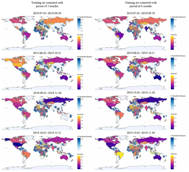 기간별 국가별 발생 예측 된 감염병의 수 및 예측정확도를 나타낸 지도