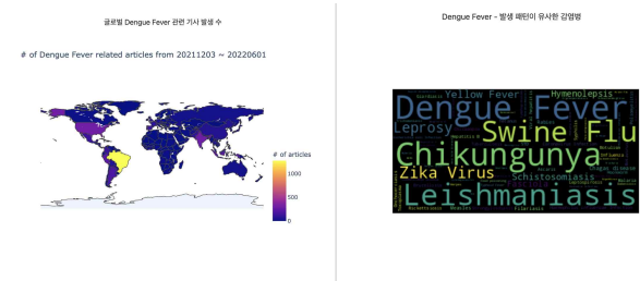 질병별 전 세계 발생위험도 맵 및 대상 감염병과 발생패턴 유사질병 시각화 화면