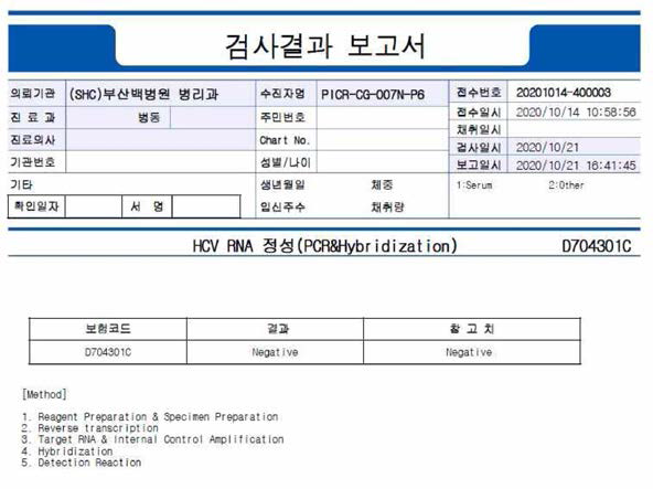 임상시험용 NCSC 원료새포의 HCV 검사결과 보고서