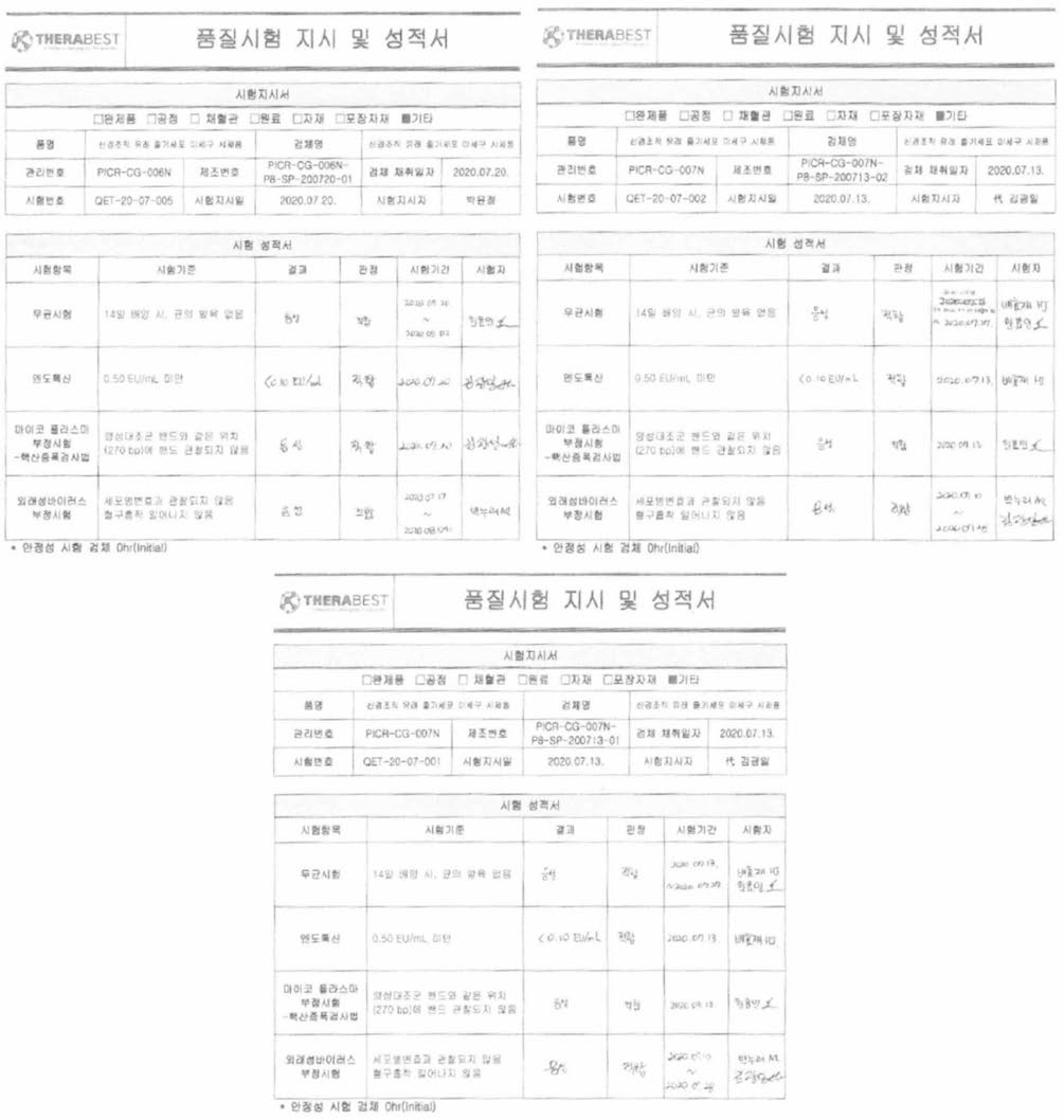 임상시험용 NCSC 미세구 시제품의 무균, 마이코플라즈마, 외래성 바이러스 부정시험 성적서