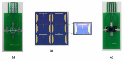 (a) 제작된 검지부(PCB) (b) 제작된 FET센서 (c) 1회용FET센서를 장착한 검지부