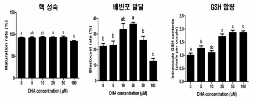 DHA 처치에 의한 난자 핵 성숙률과 배반포 형성비율, GSH 함량