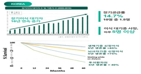 국내 장기이식 대기자 건수와 투석 및 신장 이식환자의 생존율 비교