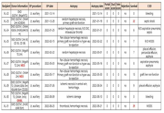 Left partial liver graft를 이용한 이종 auxiliary 간이식 결과 종합 표