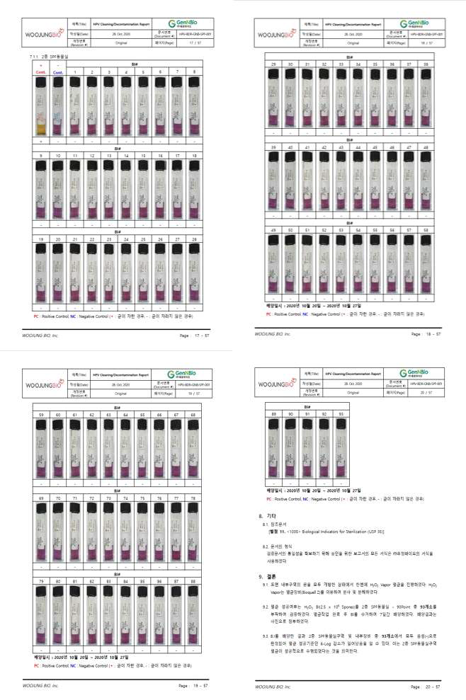 생물학적 크리닝/멸균 보고서 중 BI test 결과부분 발췌