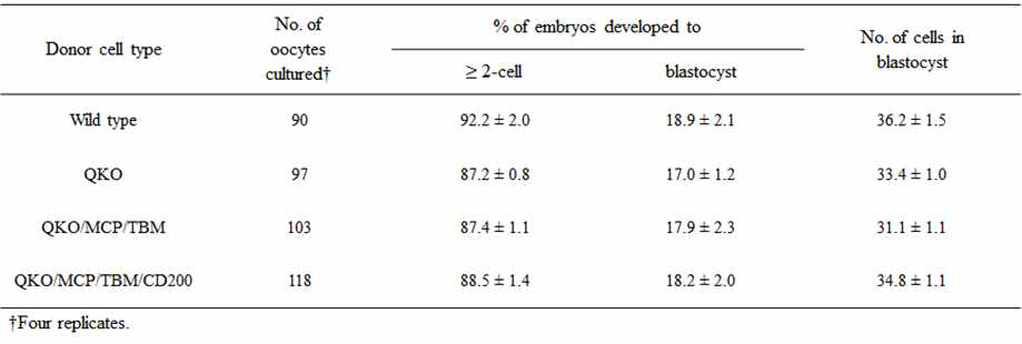 다양한 형질전환세포주를 유래 핵이식란의 체외발달능력 비교
