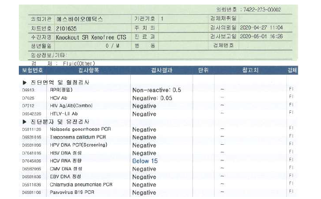 Knockout SR Xenofree CTS에 따른 사람유래 바이러스 시험성적서